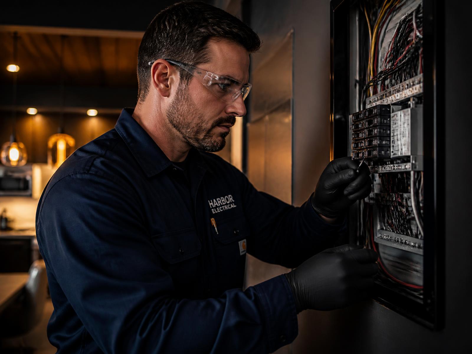 Licensed electrician working inside an electrical panel